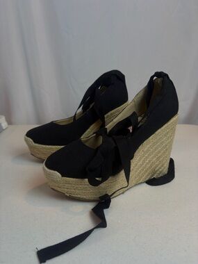 Delicious Black Espadrille Wedge Tie Ribbon Ankle Pumps